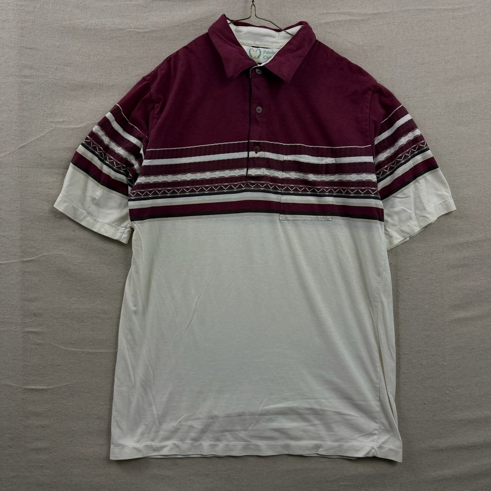 Palmland Club Polo Shirt XL‎ Burgundy White Geometric Band Short Sleeve Pocket